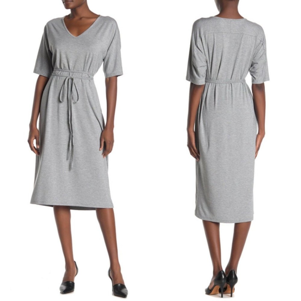 Vince Gray Dolman Short Sleeve T-shirt Waist Tie V-neck Midi Dress Large